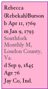 Rebecca
(Rebekah)Burson
b Apr 11, 1769
m Jan 9, 1793
Southfork Monthly M, Loudon County, Va.
d Sep 9, 1845
Age 76
Jay Co, Ind.
